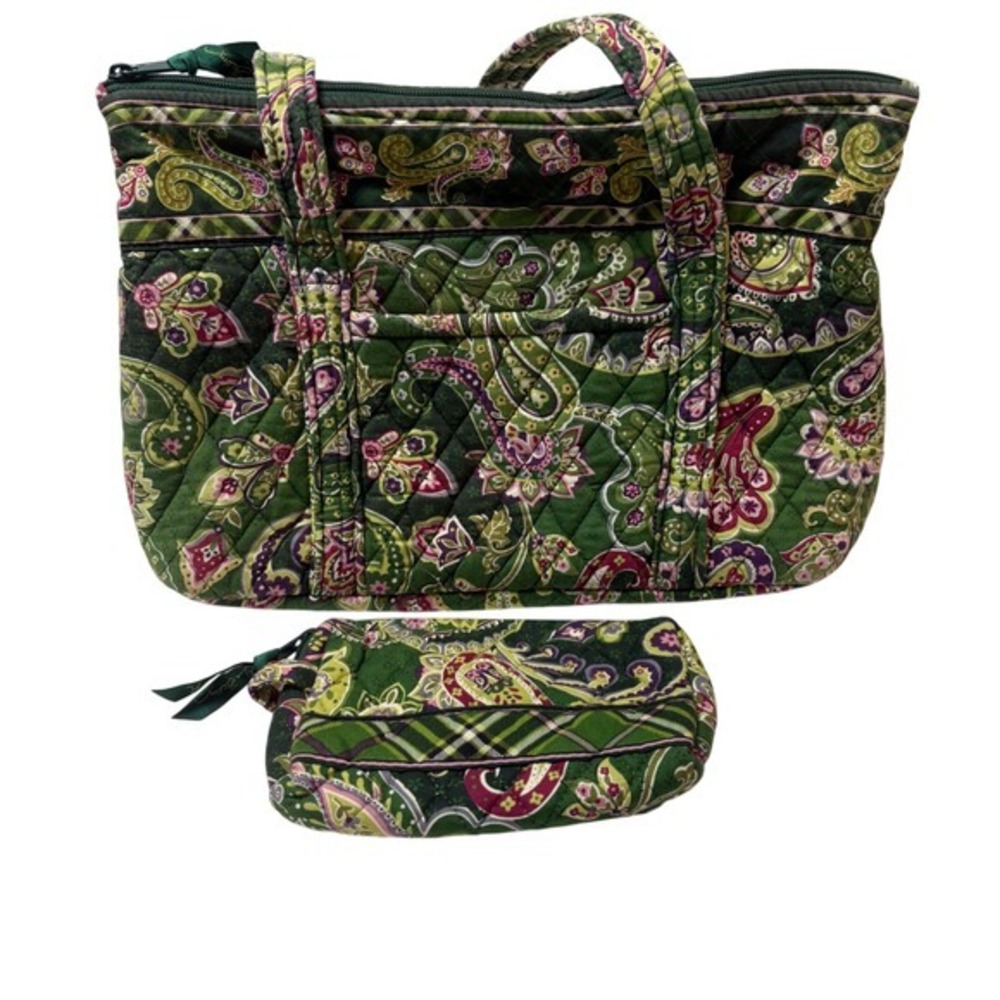 Vera Bradley Chelsea Green Shoulder Tote Cosmetic Bag Set Retired Pattern USA